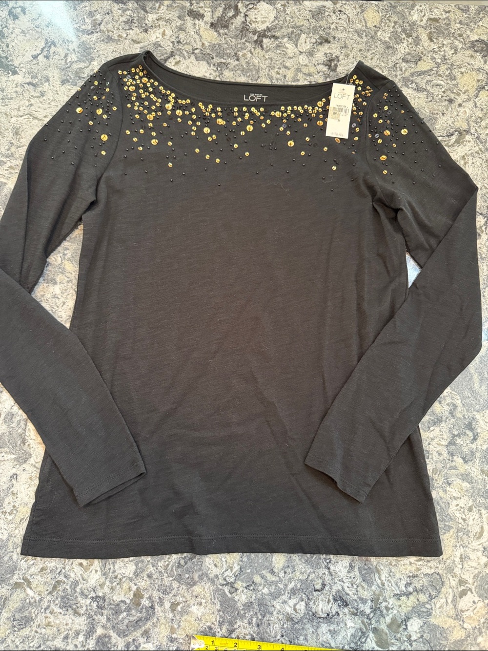 LOFT NWT Black Long-Sleeve Top with Gold Bead Embellishment sz M